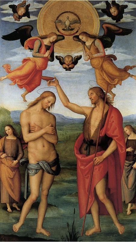 Renaissance art showing John the Baptist baptizing Jesus, with a dove symbolizing the Holy Spirit above.